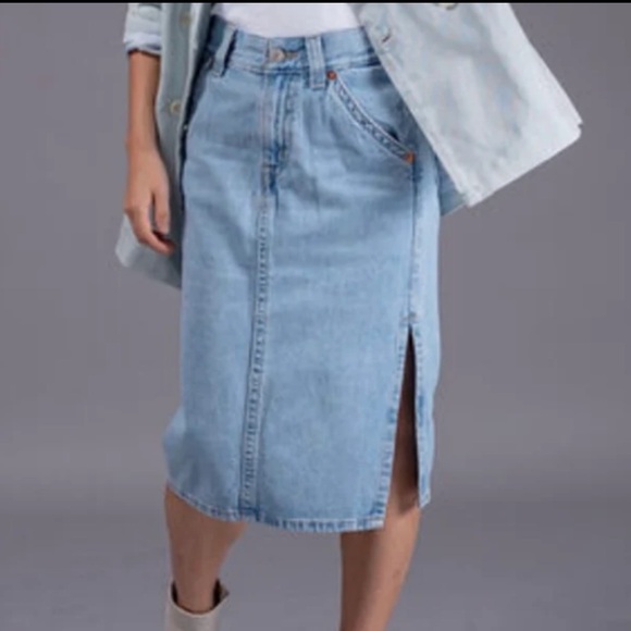 LEVIS Premium Denim Midi Skirt Jean Side Slit Light Wash 5 Pocket Below Knee 27 - Picture 5 of 16
